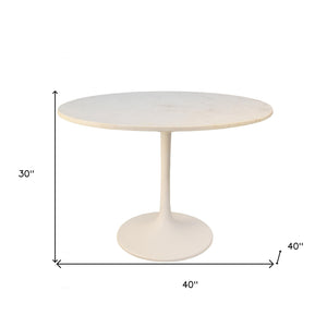 Homeroots 40" White Rounded Marble And Iron Pedestal Base Dining Table   517852