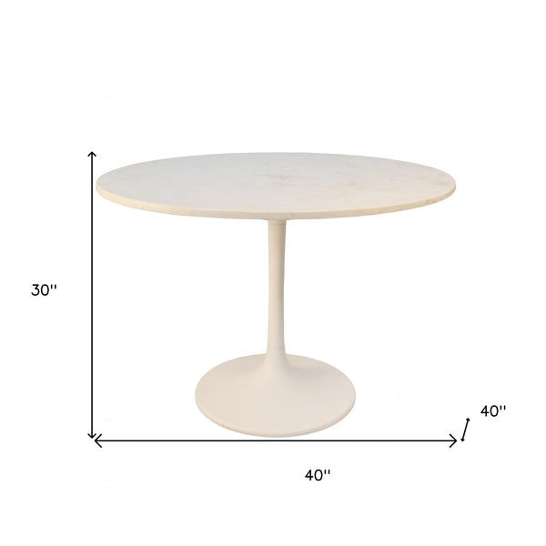 Homeroots 40" White Rounded Marble And Iron Pedestal Base Dining Table   517852