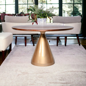 Homeroots 48" Brown And Gold Rounded Solid Wood And Iron Pedestal Base Dining Table   517853