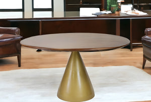 Homeroots 48" Brown And Gold Rounded Solid Wood And Iron Pedestal Base Dining Table   517854