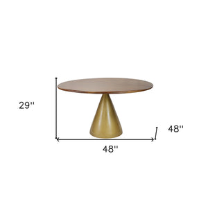 Homeroots 48" Brown And Gold Rounded Solid Wood And Iron Pedestal Base Dining Table   517854