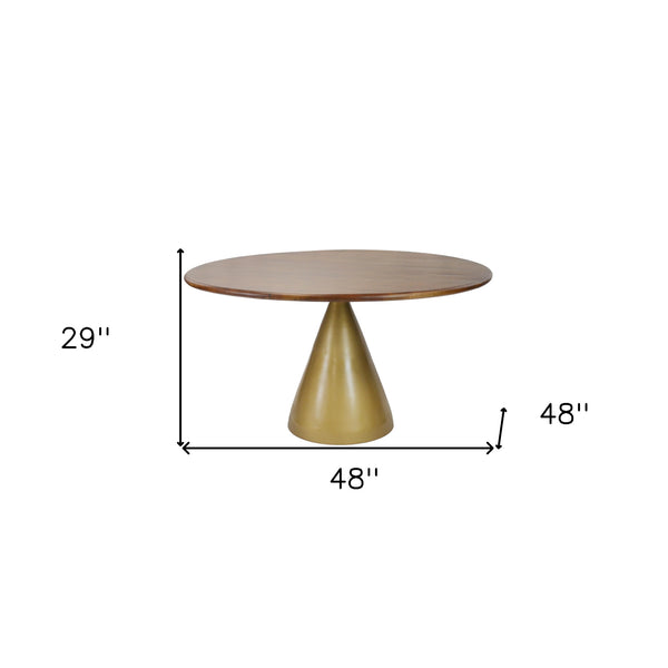 Homeroots 48" Brown And Gold Rounded Solid Wood And Iron Pedestal Base Dining Table   517854