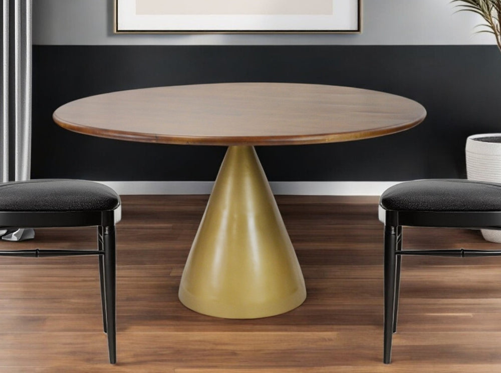 HomeRoots 48" Elegant Brown and Gold Round Solid Wood Dining Table with Sturdy Iron Pedestal Base Design 517854