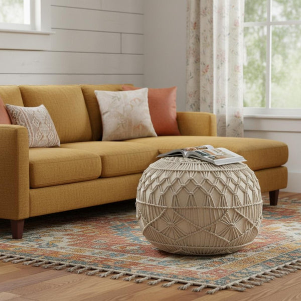 HomeRoots 20" Cream Cotton Tufted Round Pouf Ottoman - Versatile Footrest & Extra Seating for Any Decor Style 517859