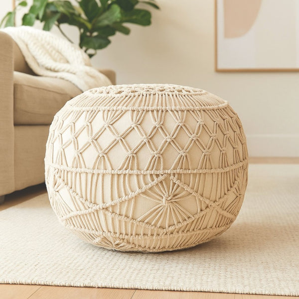 HomeRoots 20" Cream Cotton Tufted Round Pouf Ottoman - Versatile Footrest & Extra Seating for Any Decor Style 517859