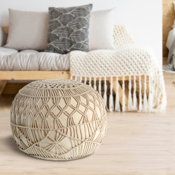 HomeRoots 20" Cream Cotton Tufted Round Pouf Ottoman - Versatile Footrest & Extra Seating for Any Decor Style 517859