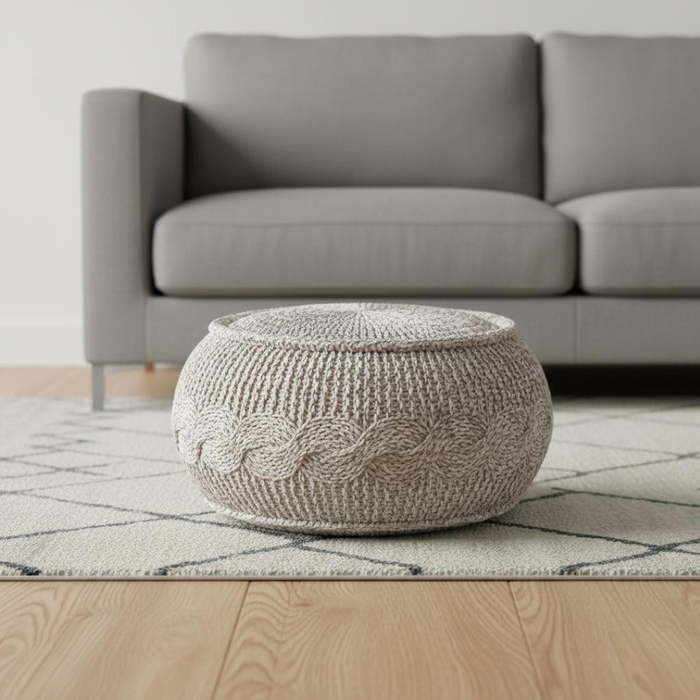 HomeRoots 20" Beige Cotton Round Pouf Ottoman - Stylish Geometric Design for Versatile Use in Any Space 517861