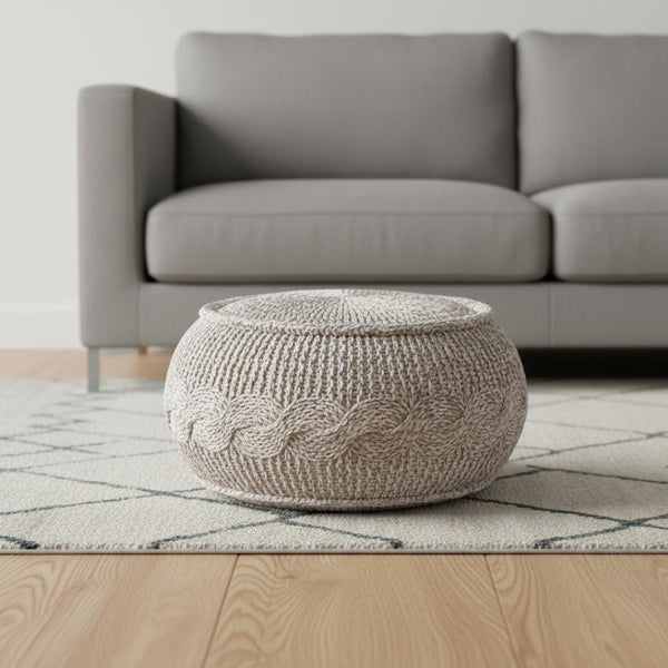 HomeRoots 20" Beige Cotton Round Pouf Ottoman - Stylish Geometric Design for Versatile Use in Any Space 517861