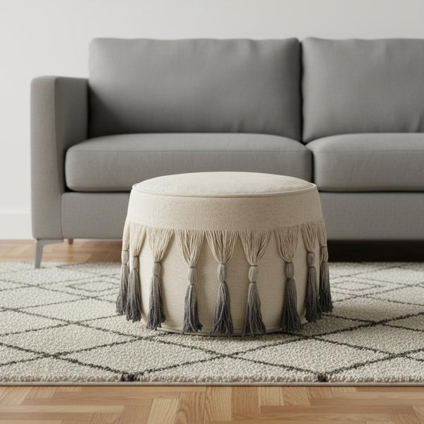 HomeRoots 20" Beige Cotton Ombre Pouf Ottoman - Versatile Accent for Cozy Footrests, Extra Seating, or Tables 517862