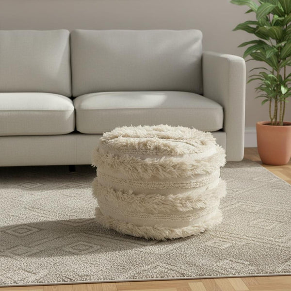 HomeRoots 18" Ivory Cotton Round Striped Pouf Ottoman - Chic Multi-Functional Seating & Stylish Home Accent 517863