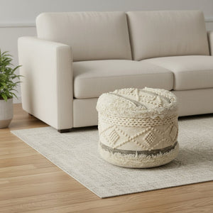 HomeRoots 18" Cream Wool-Cotton Blend Round Pouf Ottoman - Stylish Geometric Accent for Modern Living Spaces 517864