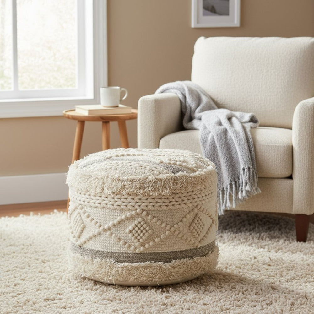 HomeRoots 18" Cream Wool-Cotton Blend Round Pouf Ottoman - Stylish Geometric Accent for Modern Living Spaces 517864