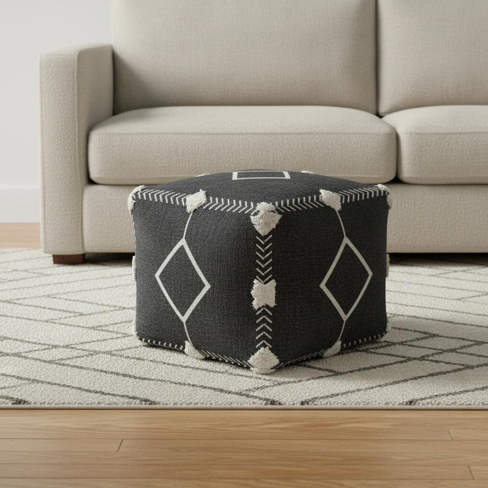 HomeRoots 18" Black Cotton Geometric Pouf Ottoman - Stylish Multi-Functional Seating & Footrest for Modern Homes 517867
