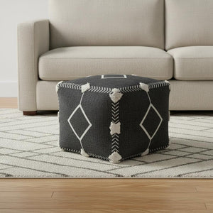 HomeRoots 18" Black Cotton Geometric Pouf Ottoman - Stylish Multi-Functional Seating & Footrest for Modern Homes 517867