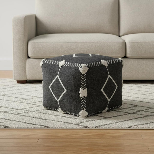 HomeRoots 18" Black Cotton Geometric Pouf Ottoman - Stylish Multi-Functional Seating & Footrest for Modern Homes 517867