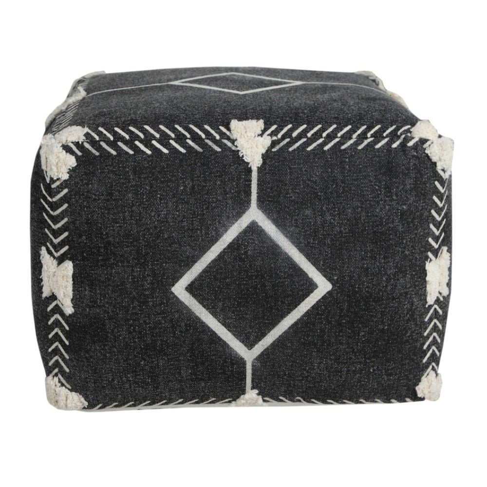 HomeRoots 18" Black Cotton Geometric Pouf Ottoman - Stylish Multi-Functional Seating & Footrest for Modern Homes 517867