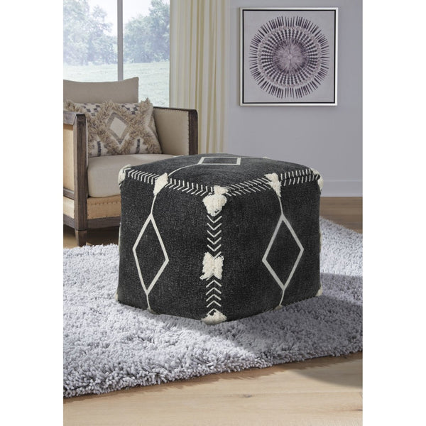 HomeRoots 18" Black Cotton Geometric Pouf Ottoman - Stylish Multi-Functional Seating & Footrest for Modern Homes 517867