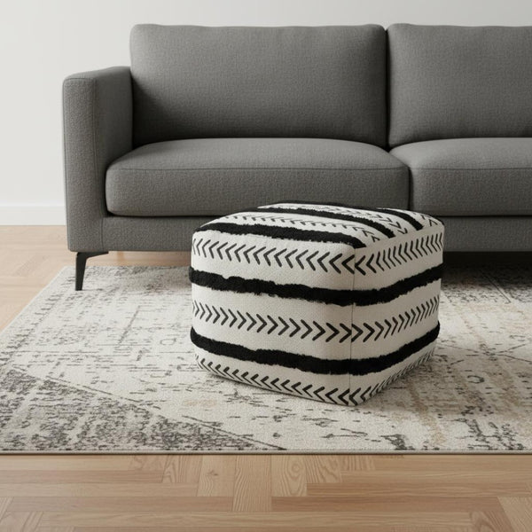 HomeRoots 18" Chic White Cotton Striped Pouf Ottoman - Versatile Footrest, Extra Seat & Stylish Decor Accent 517868