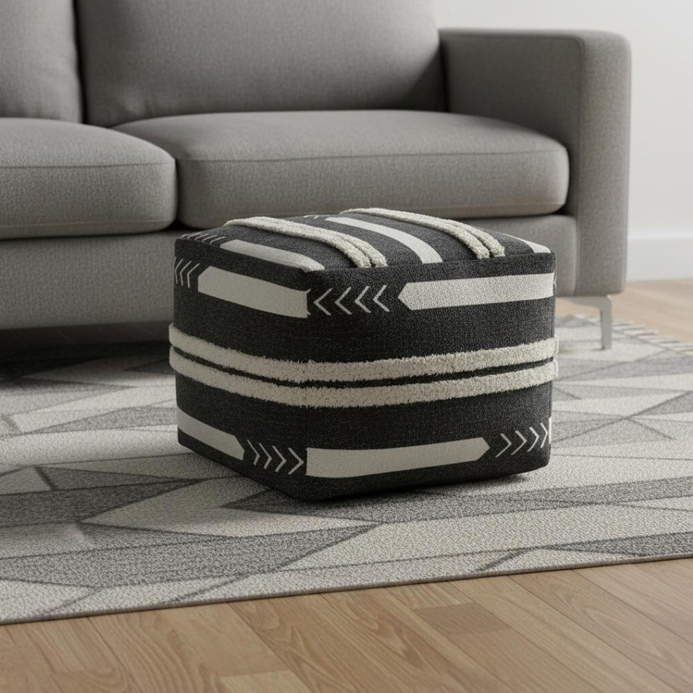 HomeRoots 18" Black Cotton Geometric Pouf Ottoman - Versatile Accent Seat & Footrest for Modern Living Spaces 517871
