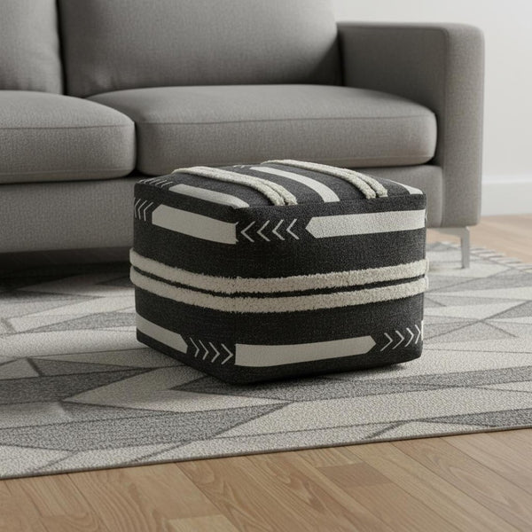 HomeRoots 18" Black Cotton Geometric Pouf Ottoman - Versatile Accent Seat & Footrest for Modern Living Spaces 517871
