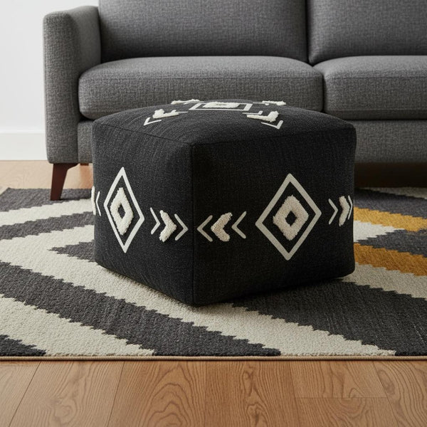 HomeRoots 18" Black Cotton Geometric Pouf Ottoman - Modern Accent, Versatile Use, Soft Cushioning for Any Space 517872