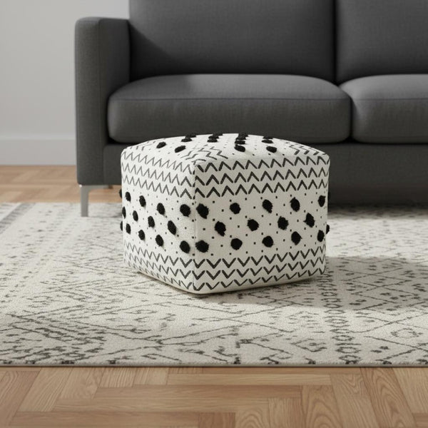 HomeRoots 18" Chic White Cotton Chevron Pouf Ottoman - Versatile Footrest, Extra Seat & Stylish Decor Accent 517873