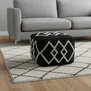 HomeRoots 18" Black Cotton Geometric Pouf Ottoman - Stylish Multi-Functional Accent for Living Rooms & More 517874