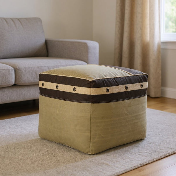 HomeRoots 20" Brown Striped Cotton Pouf Ottoman - Versatile Accent for Comfort, Style & Small Spaces 517875