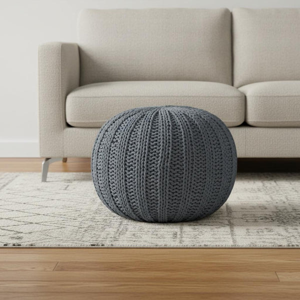 HomeRoots 20" Cotton Round Pouf Ottoman - Stylish Footrest & Extra Seat with Modern Charm for Any Room Gray 517879