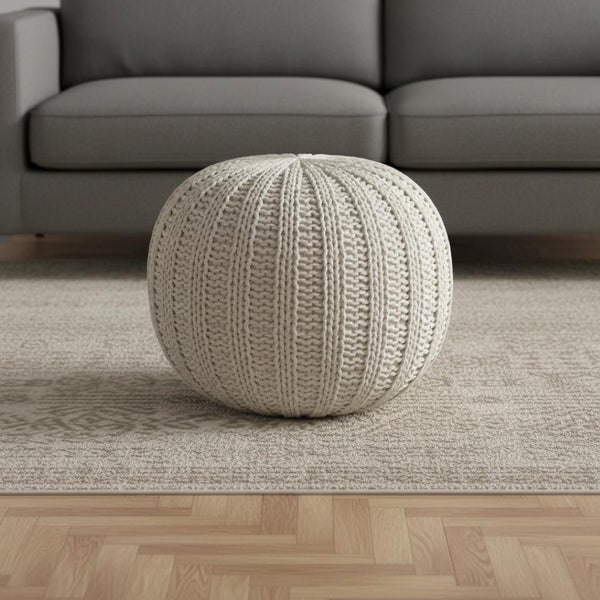HomeRoots 20" Cotton Round Pouf Ottoman - Stylish Footrest & Extra Seat with Modern Charm for Any Room Ivory 517880