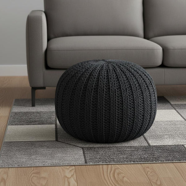 HomeRoots 20" Cotton Round Pouf Ottoman - Stylish Footrest & Extra Seat with Modern Charm for Any Room Black 517881