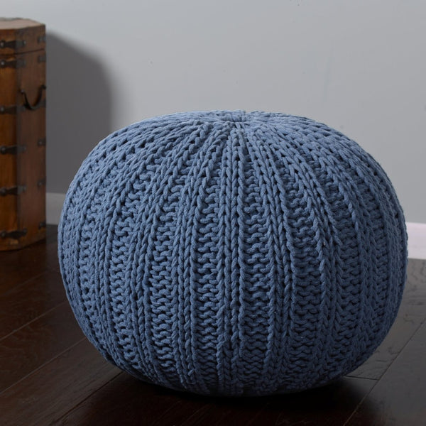 HomeRoots 20" Cotton Round Pouf Ottoman - Stylish Footrest & Extra Seat with Modern Charm for Any Room Navy 517882