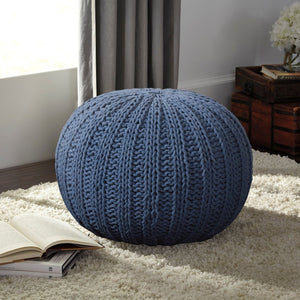 HomeRoots 20" Cotton Round Pouf Ottoman - Stylish Footrest & Extra Seat with Modern Charm for Any Room Navy 517882