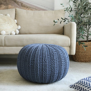 HomeRoots 20" Cotton Round Pouf Ottoman - Stylish Footrest & Extra Seat with Modern Charm for Any Room Navy 517882