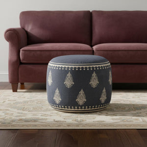 HomeRoots 18" Blue Cotton Cylinder Pouf Ottoman - Stylish Paisley Design, Multi-Functional Footrest & Extra Seat 517890
