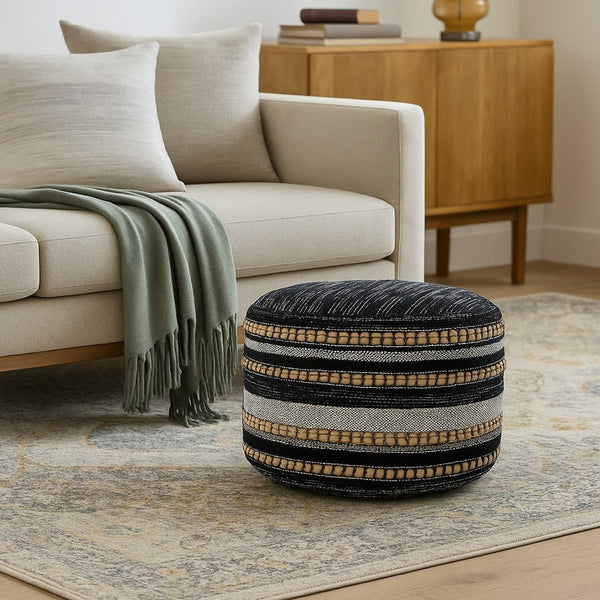 HomeRoots 18" Black Pouf - Versatile Cotton-Blend Ottoman, Stylish Footrest & Floor Seat for Modern Spaces 517892
