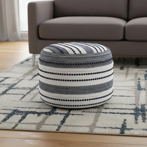 HomeRoots 18" Blue Striped Cotton Pouf Ottoman - Versatile Seating, Soft Comfort, Ideal for Living Spaces & More! 517893