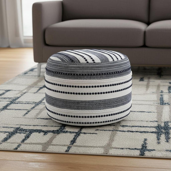 HomeRoots 18" Blue Striped Cotton Pouf Ottoman - Versatile Seating, Soft Comfort, Ideal for Living Spaces & More! 517893