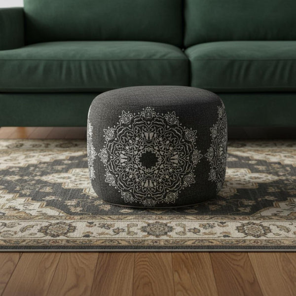 HomeRoots 18" Chic Black Cotton Medallion Pouf Ottoman – Versatile Accent for Seating, Footrest & Decor Boost 517894