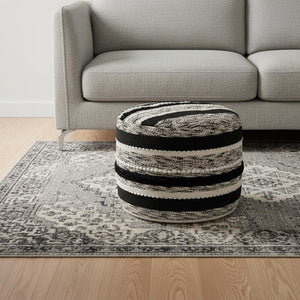 HomeRoots 18" White Cotton Striped Pouf Ottoman - Versatile Footrest & Extra Seating for Modern Decor Styles 517897