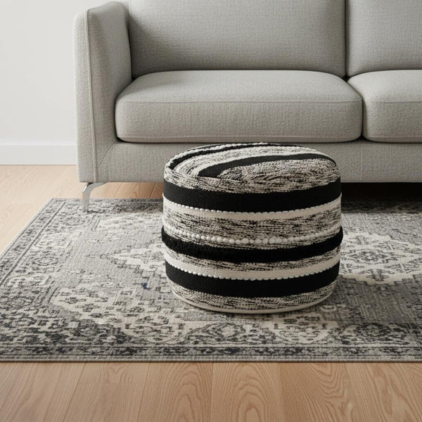 HomeRoots 18" White Cotton Striped Pouf Ottoman - Versatile Footrest & Extra Seating for Modern Decor Styles 517897