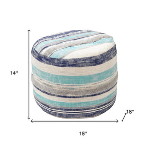 HomeRoots 18" Blue Cotton Pouf Ottoman - Stylish Striped Cylinder for Extra Seating, Footrest, or Accent Decor 517898