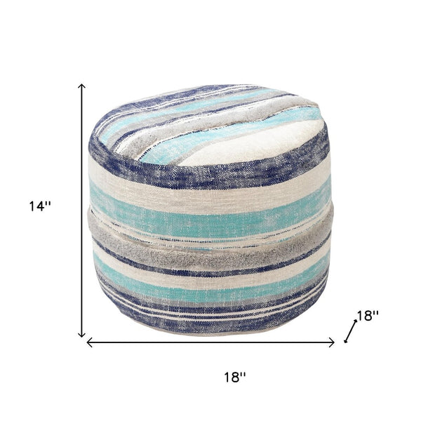 HomeRoots 18" Blue Cotton Pouf Ottoman - Stylish Striped Cylinder for Extra Seating, Footrest, or Accent Decor 517898