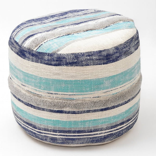 HomeRoots 18" Blue Cotton Pouf Ottoman - Stylish Striped Cylinder for Extra Seating, Footrest, or Accent Decor 517898