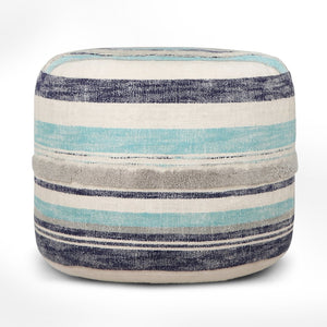 HomeRoots 18" Blue Cotton Pouf Ottoman - Stylish Striped Cylinder for Extra Seating, Footrest, or Accent Decor 517898