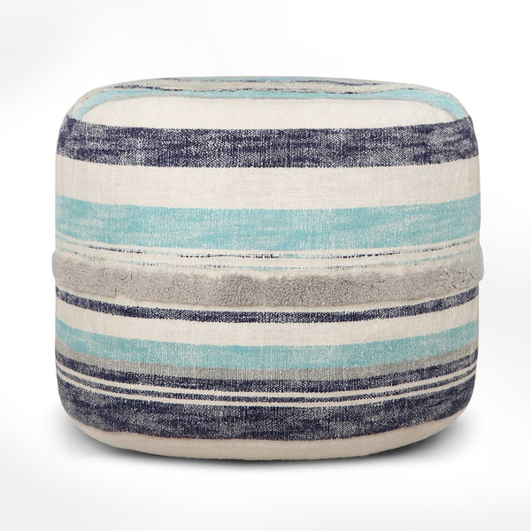 HomeRoots 18" Blue Cotton Pouf Ottoman - Stylish Striped Cylinder for Extra Seating, Footrest, or Accent Decor 517898