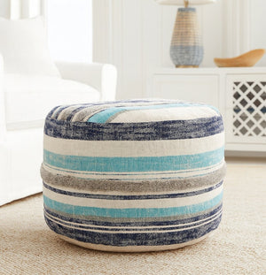 HomeRoots 18" Blue Cotton Pouf Ottoman - Stylish Striped Cylinder for Extra Seating, Footrest, or Accent Decor 517898