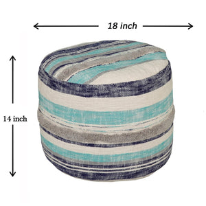HomeRoots 18" Blue Cotton Pouf Ottoman - Stylish Striped Cylinder for Extra Seating, Footrest, or Accent Decor 517898