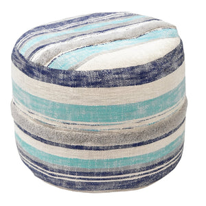 HomeRoots 18" Blue Cotton Pouf Ottoman - Stylish Striped Cylinder for Extra Seating, Footrest, or Accent Decor 517898