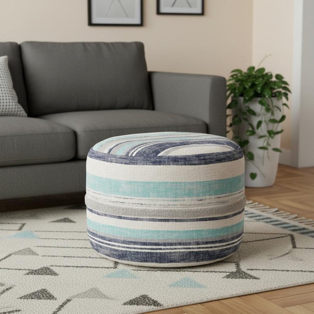 HomeRoots 18" Blue Cotton Pouf Ottoman - Stylish Striped Cylinder for Extra Seating, Footrest, or Accent Decor 517898